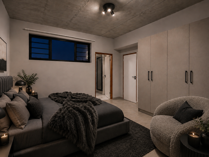 Modern bedroom featuring an exposed concrete ceiling, built-in wardrobes, and neutral tiled flooring, creating a contemporary and sophisticated living space.