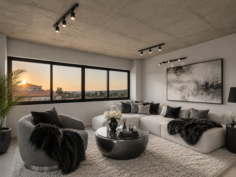 Modern living room featuring an exposed concrete ceiling, sleek track lighting, and a large window offering expansive sunset views.