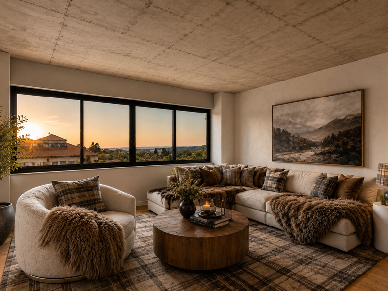 A modern living room featuring an exposed concrete ceiling and a large window offering expansive sunset views.
