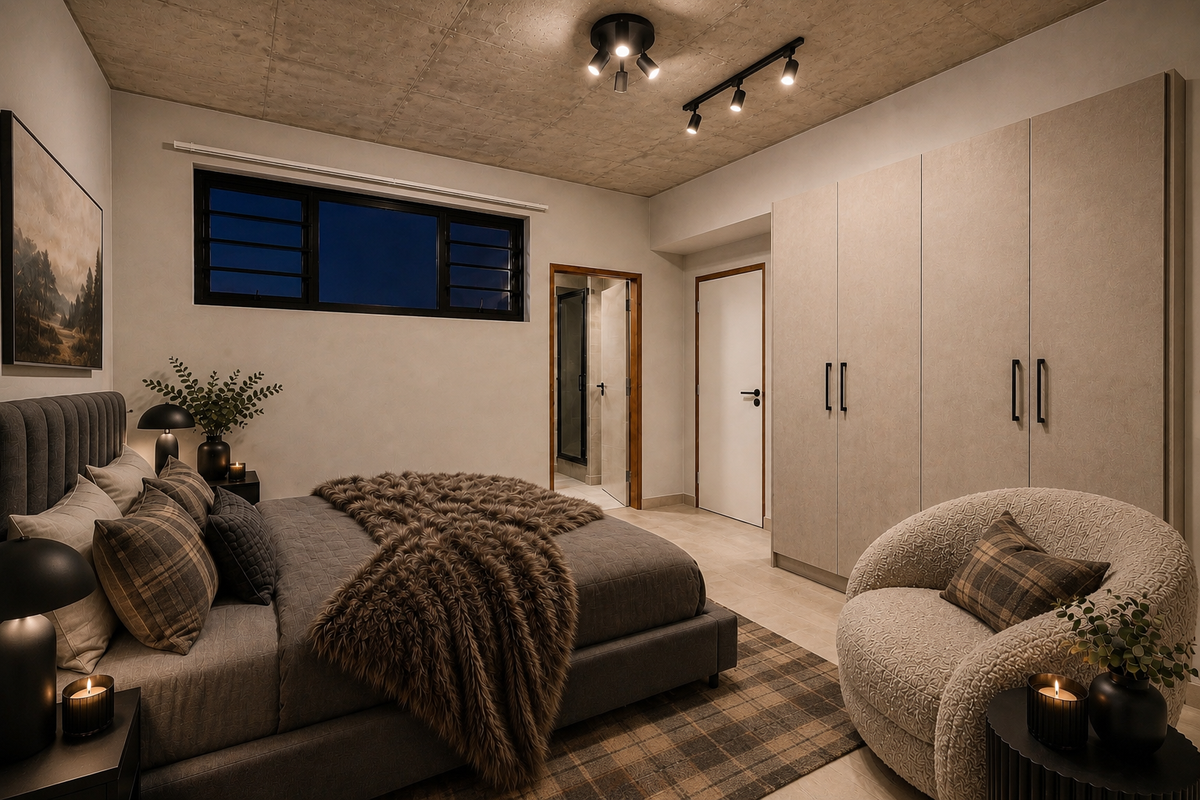 Modern bedroom featuring an exposed concrete ceiling, track lighting, and extensive built-in wardrobe storage with a neutral, contemporary finish.