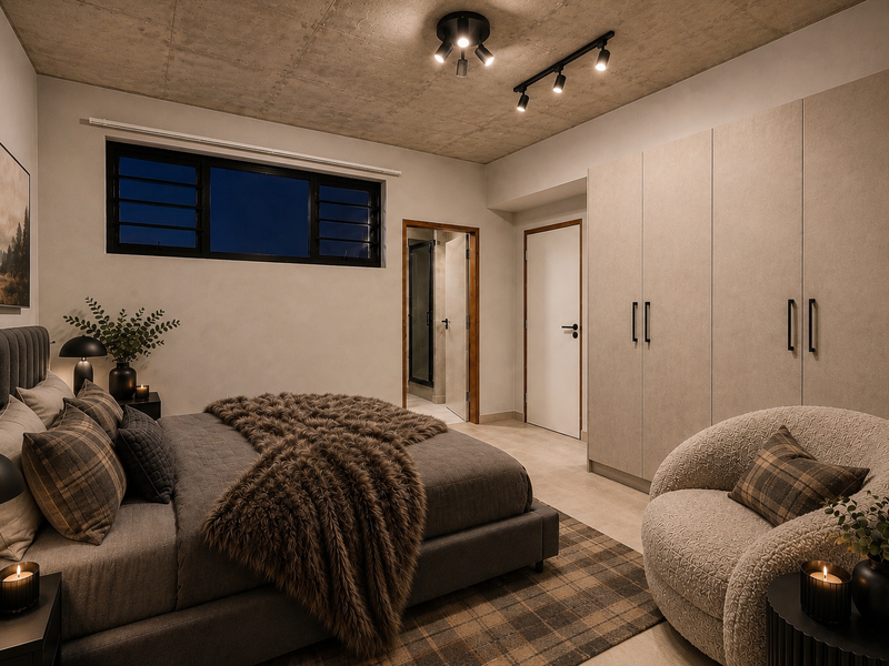 Modern bedroom featuring an exposed concrete ceiling, track lighting, and extensive built-in wardrobe storage with a neutral, contemporary finish.