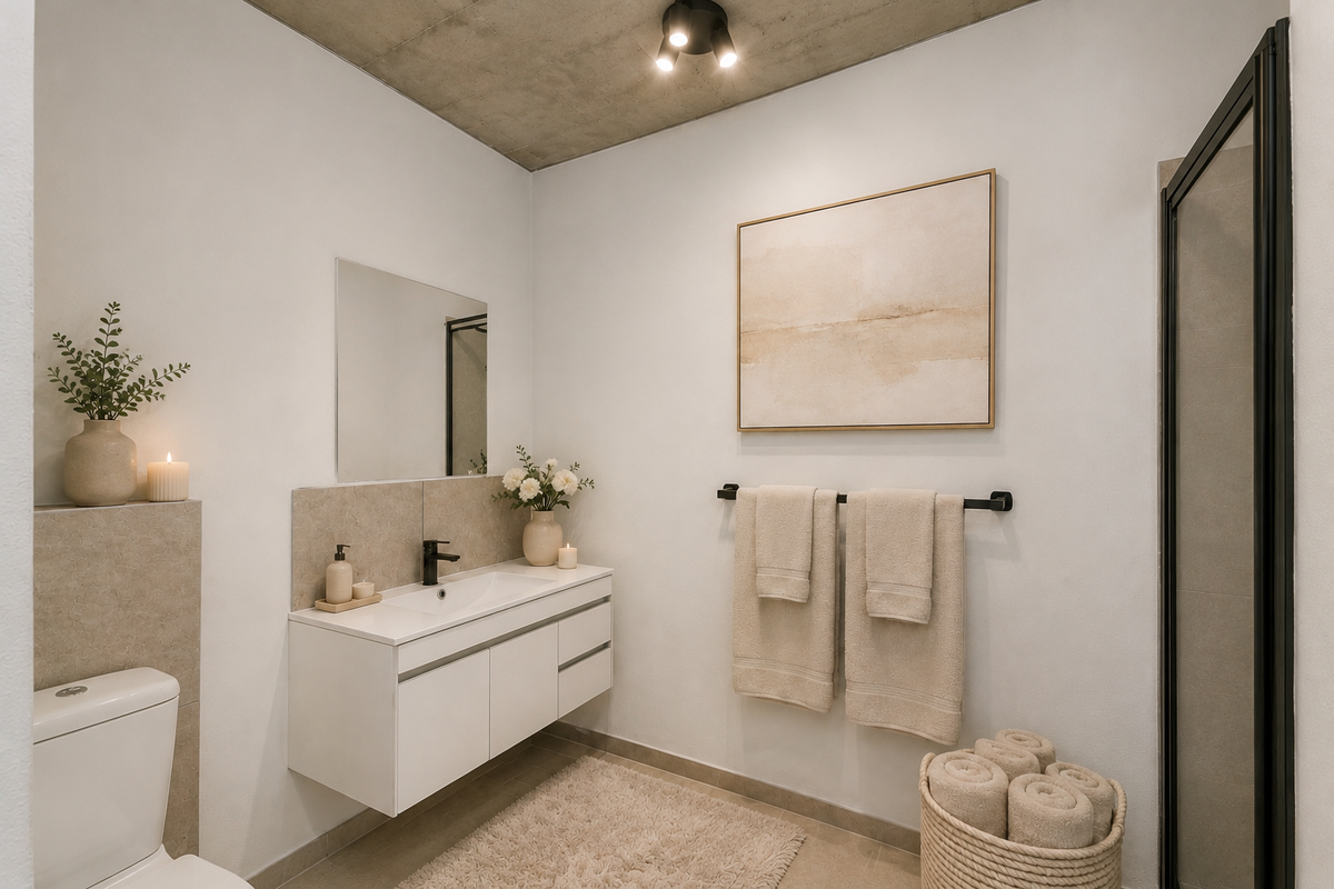 Modern bathroom featuring a wall-mounted vanity, exposed concrete ceiling, and a sleek shower enclosure with a black frame.