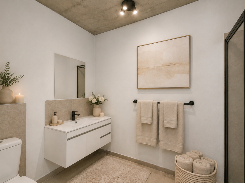 Modern bathroom featuring a wall-mounted vanity, exposed concrete ceiling, and a sleek shower enclosure with a black frame.
