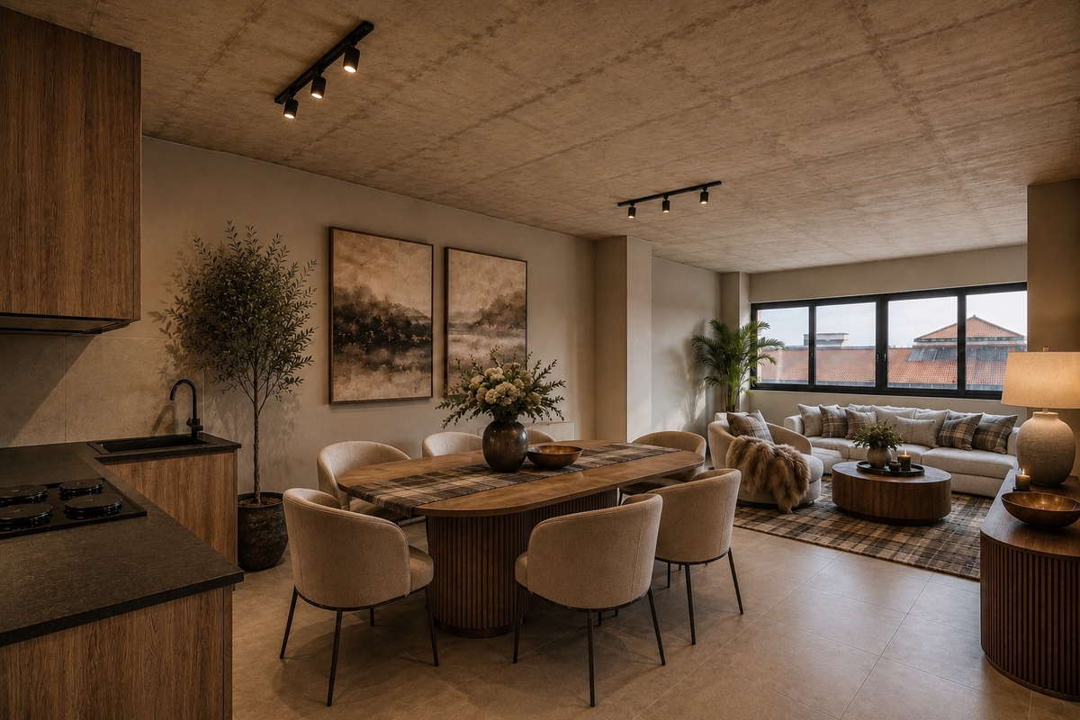 Modern open-plan living area featuring an exposed concrete ceiling, track lighting, and a sleek kitchen with integrated hob and dark cabinetry.