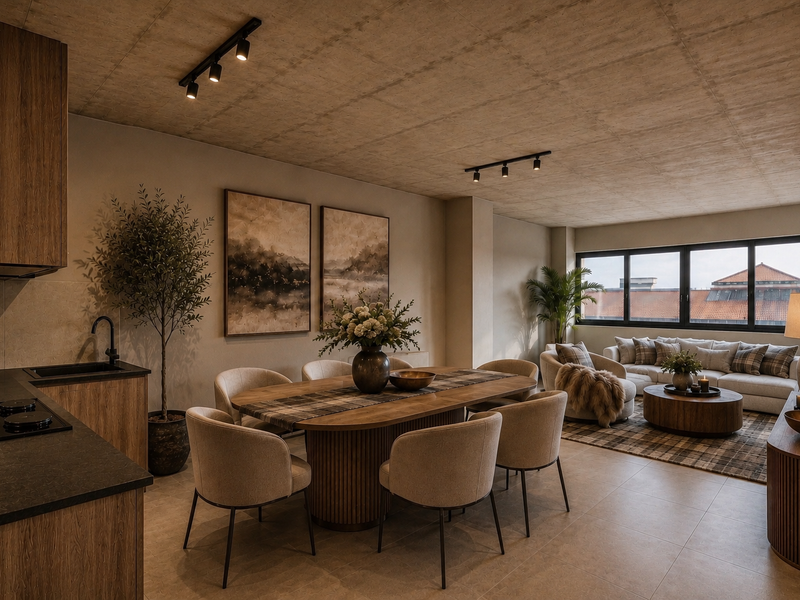 Modern open-plan living area featuring an exposed concrete ceiling, track lighting, and a sleek kitchen with integrated hob and dark cabinetry.