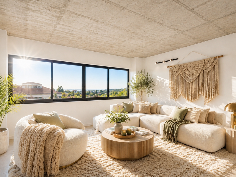 A bright, modern living room featuring an exposed concrete ceiling, large sliding windows with scenic views, and neutral tiled flooring.