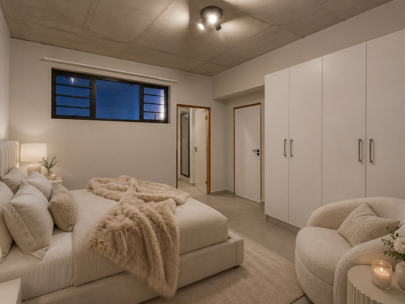 Modern bedroom featuring an exposed concrete ceiling, tiled flooring, and ample built-in wardrobe storage.
