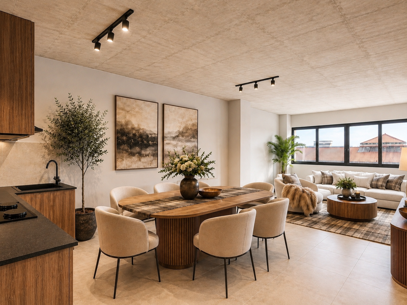 Modern open-plan living and dining area featuring a sleek kitchen with built-in cabinetry, track lighting, and large windows providing ample natural light.