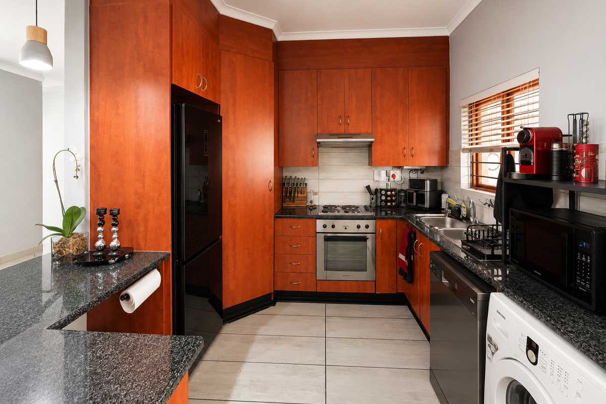 A functional kitchen featuring cherry wood cabinetry, granite countertops, built-in oven, electric hob, and tiled flooring with a clean, well-maintained finish.