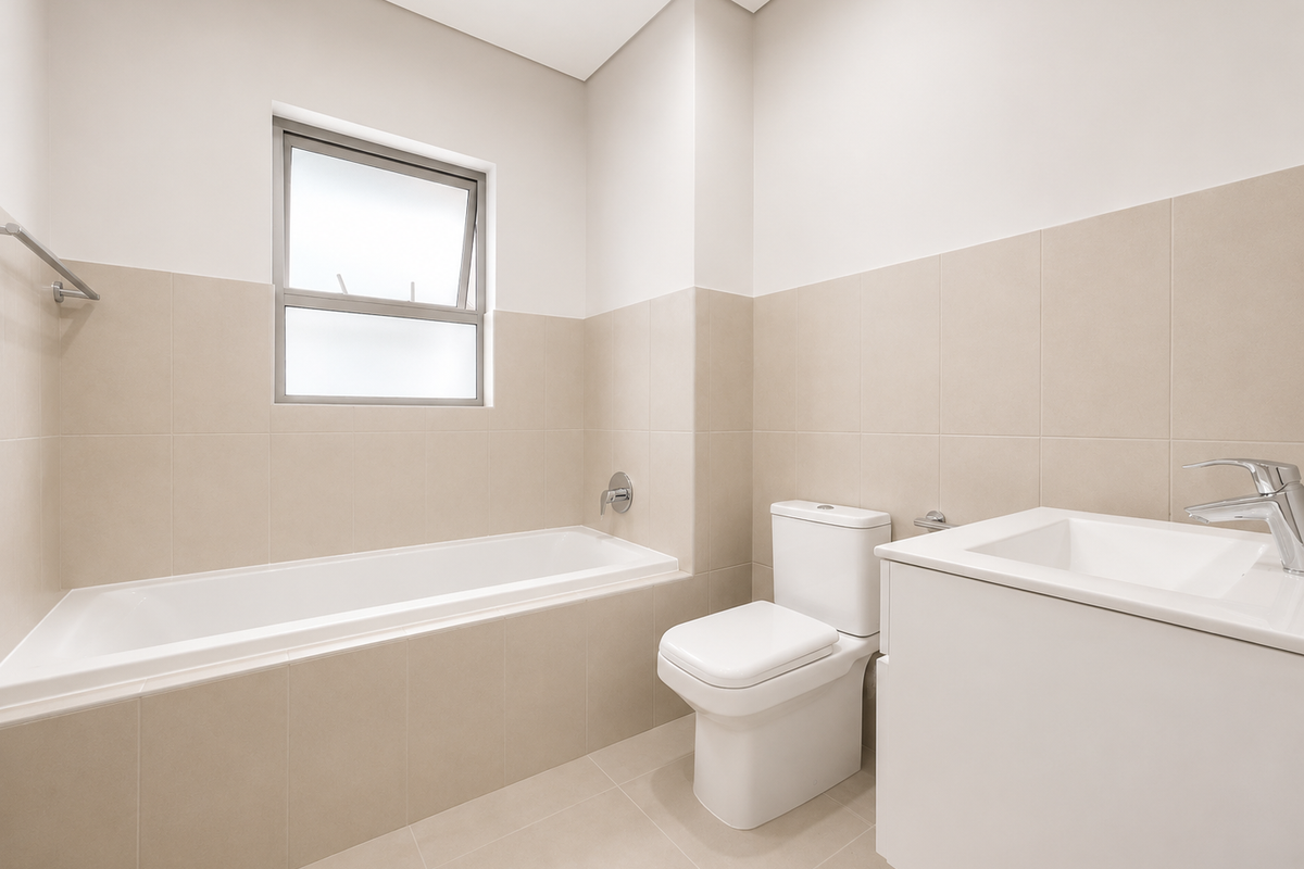 A clean, modern bathroom featuring a built-in bathtub, a white vanity with a basin, and neutral wall and floor tiling.