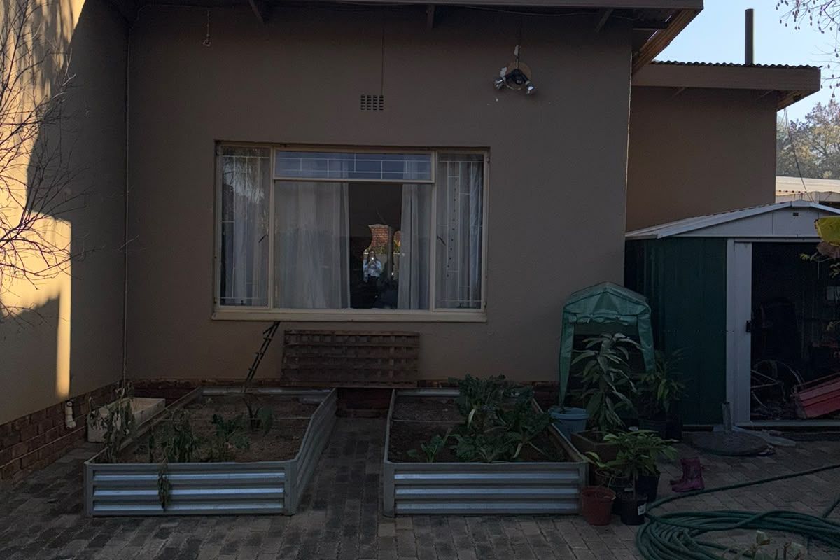 Rear exterior view featuring a paved patio area, corrugated metal roofing, and a detached metal garden shed.