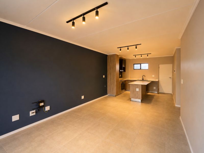 Modern open-plan living area featuring a sleek kitchen with island, built-in cabinetry, and contemporary track lighting throughout the space.