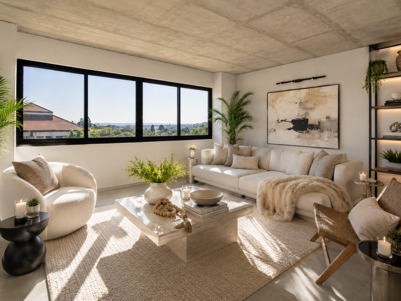 Modern living room featuring an exposed concrete ceiling, large windows with scenic views, and a sleek built-in shelving unit.