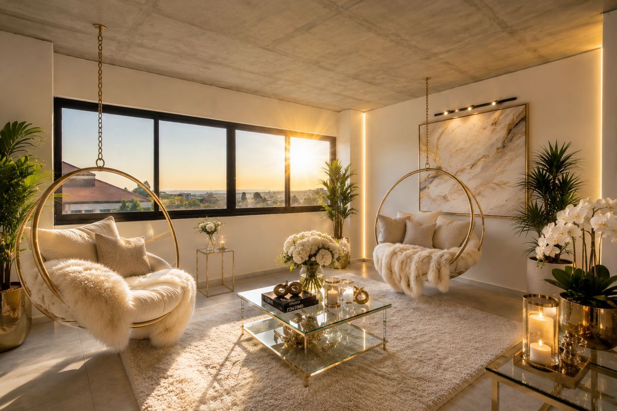 Modern living room featuring an exposed concrete ceiling, large windows with sunset views, and integrated LED accent lighting.