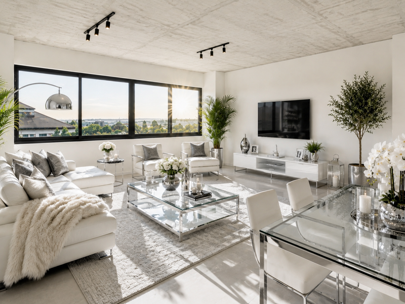 Spacious open-plan living and dining area featuring an exposed concrete ceiling, modern track lighting, and large windows with expansive views.