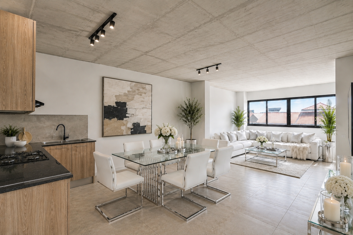 Modern open-plan living and dining area featuring an exposed concrete ceiling, sleek kitchen cabinetry with stone countertops, and large windows providing natural light.