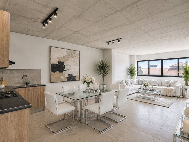 Modern open-plan living and dining area featuring an exposed concrete ceiling, sleek kitchen cabinetry with stone countertops, and large windows providing natural light.