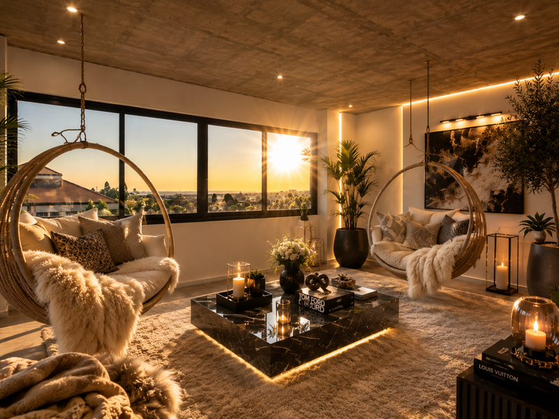 A modern living room featuring an exposed concrete ceiling, integrated LED lighting, and large windows offering expansive sunset views.