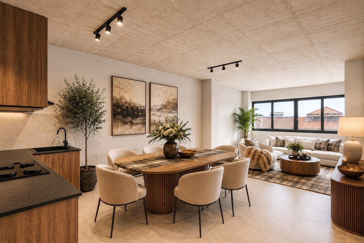 Modern open-plan living and dining area featuring a sleek kitchen with built-in cabinetry, track lighting, and large windows providing ample natural light.
