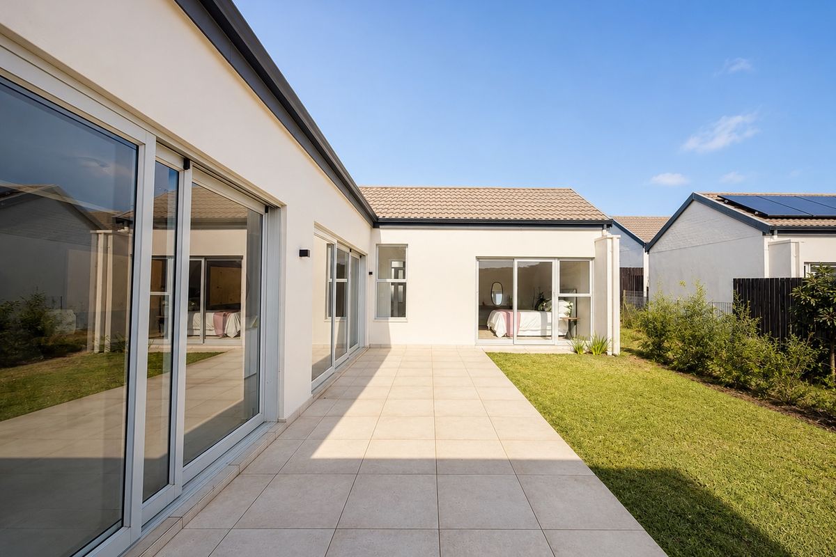 A well-maintained rear exterior featuring a spacious tiled patio, manicured lawn, and large sliding glass doors providing seamless indoor-outdoor flow.