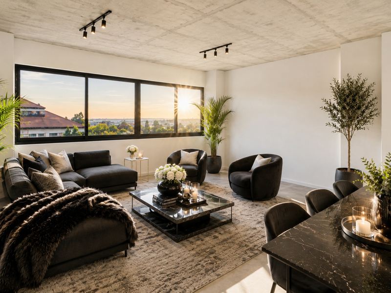 A modern open-plan living and dining area featuring an exposed concrete ceiling, track lighting, and expansive windows with sunset views.