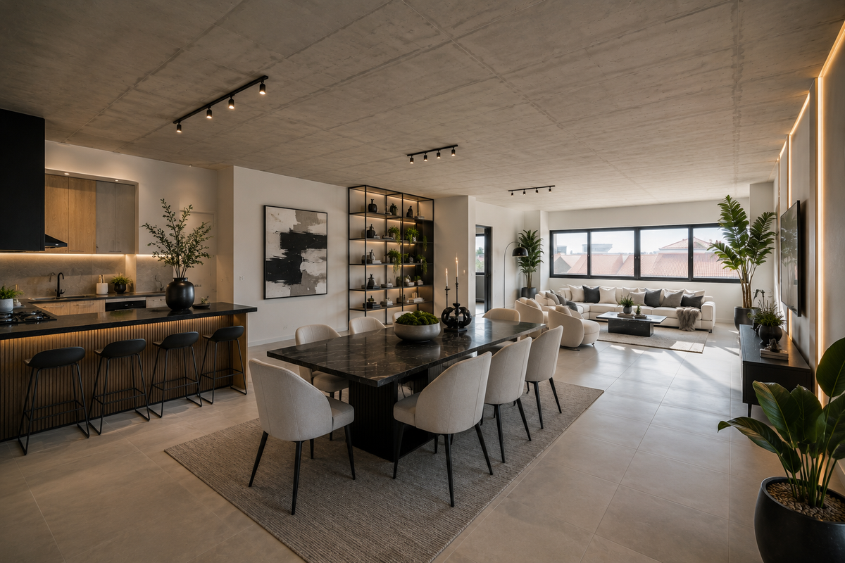 Modern open-plan living area featuring an exposed concrete ceiling, sleek kitchen with island, and integrated lighting, creating a sophisticated and cohesive contemporary space.