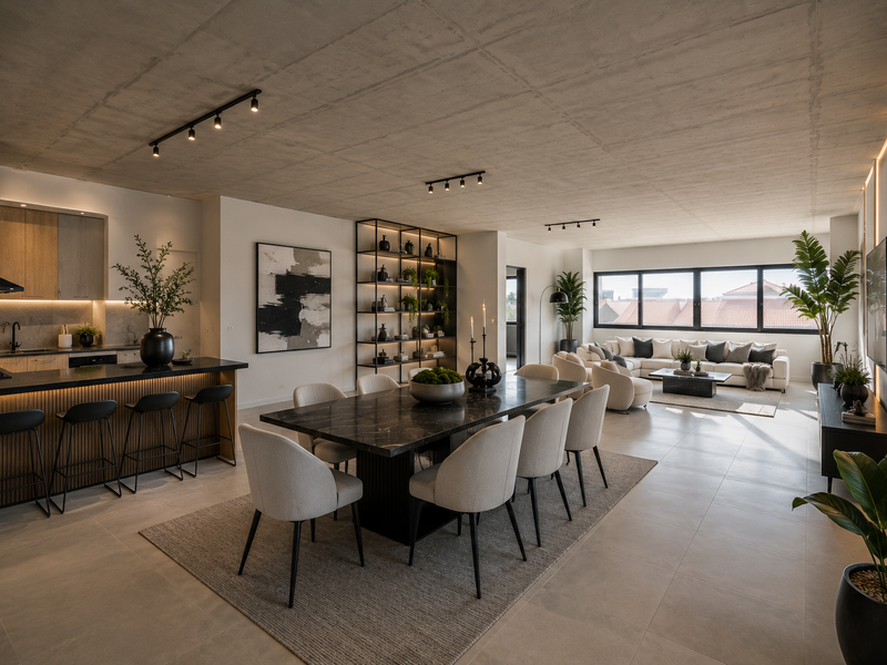 Modern open-plan living area featuring an exposed concrete ceiling, sleek kitchen with island, and integrated lighting, creating a sophisticated and cohesive contemporary space.