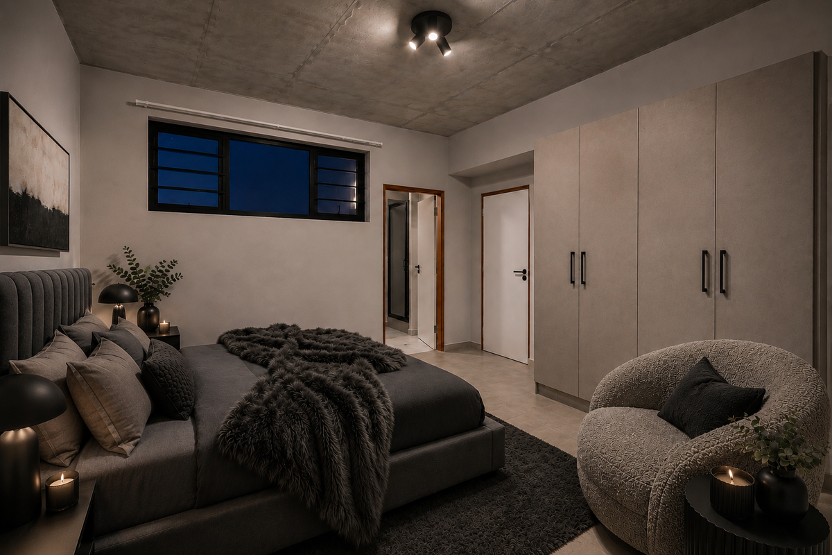 Modern bedroom featuring an exposed concrete ceiling, built-in wardrobes, and neutral tiled flooring, creating a contemporary and sophisticated living space.