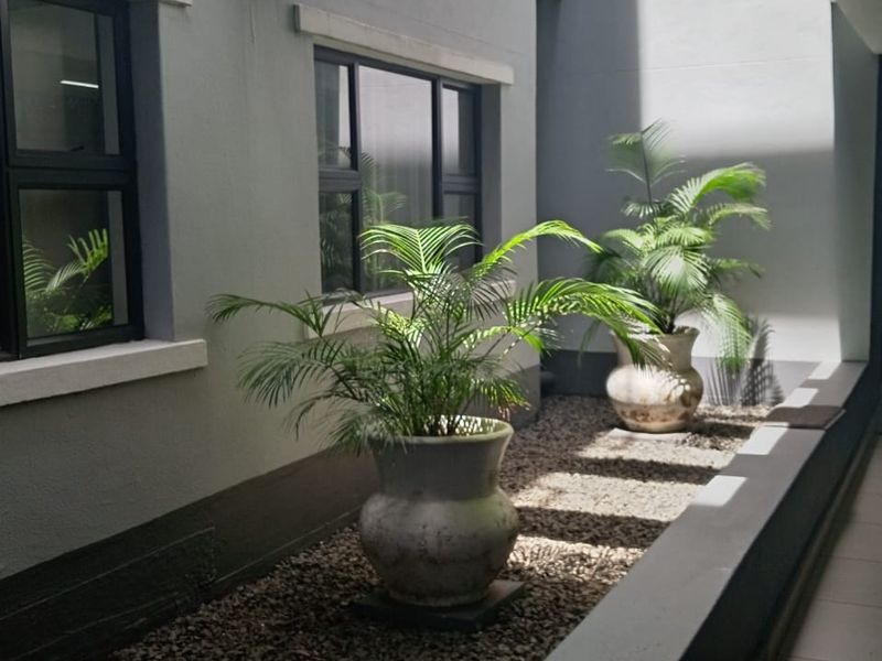 A modern, covered outdoor patio area featuring tiled flooring, a gravel garden bed, and clean architectural lines with aluminium window frames.