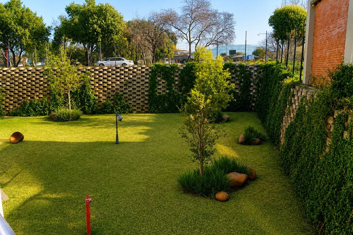 A well-maintained private garden featuring a manicured lawn, established trees, and a structured retaining wall with perimeter fencing.