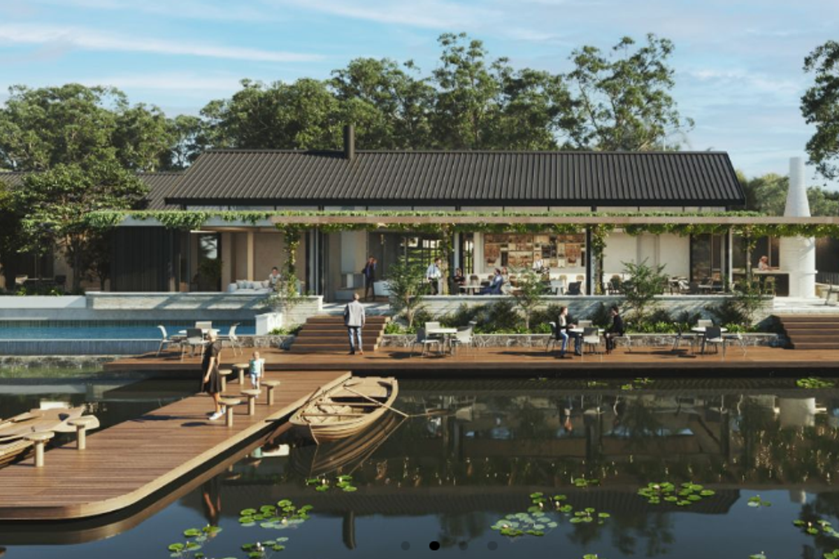 A high-end architectural rendering of a rear exterior featuring a timber deck, swimming pool, and covered patio area overlooking a tranquil pond.