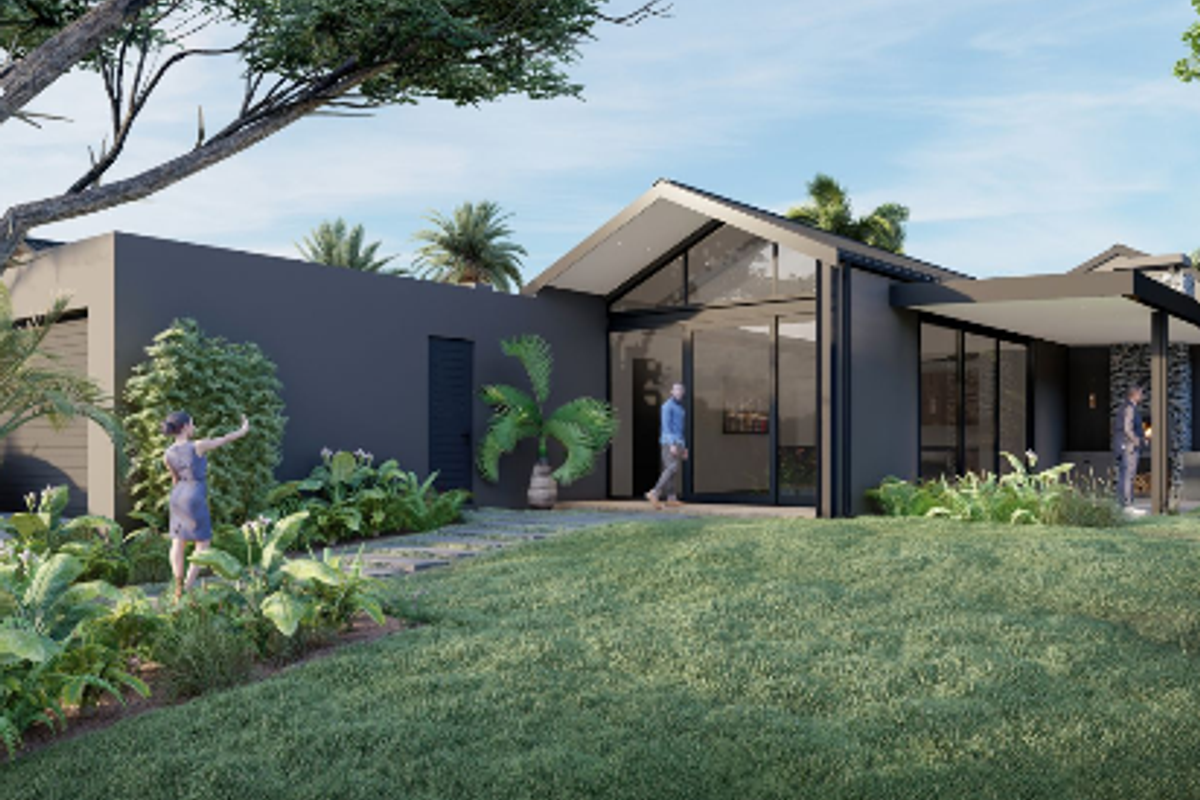 A modern residential exterior featuring a pitched roof, dark facade, and expansive sliding glass doors opening onto a landscaped garden and covered patio area.