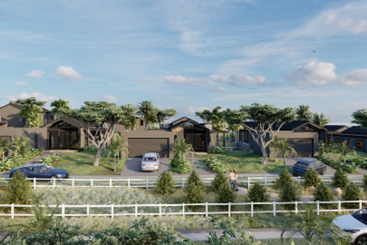A high-quality architectural rendering showing the front elevation of a modern residential development with pitched roofs, garages, and landscaped gardens.