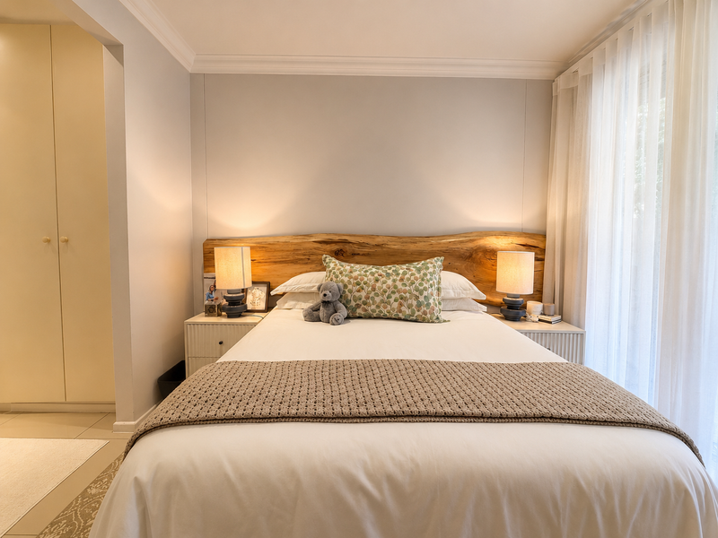 A well-maintained bedroom featuring built-in wardrobes, crown molding, and natural light filtered through sheer curtains.