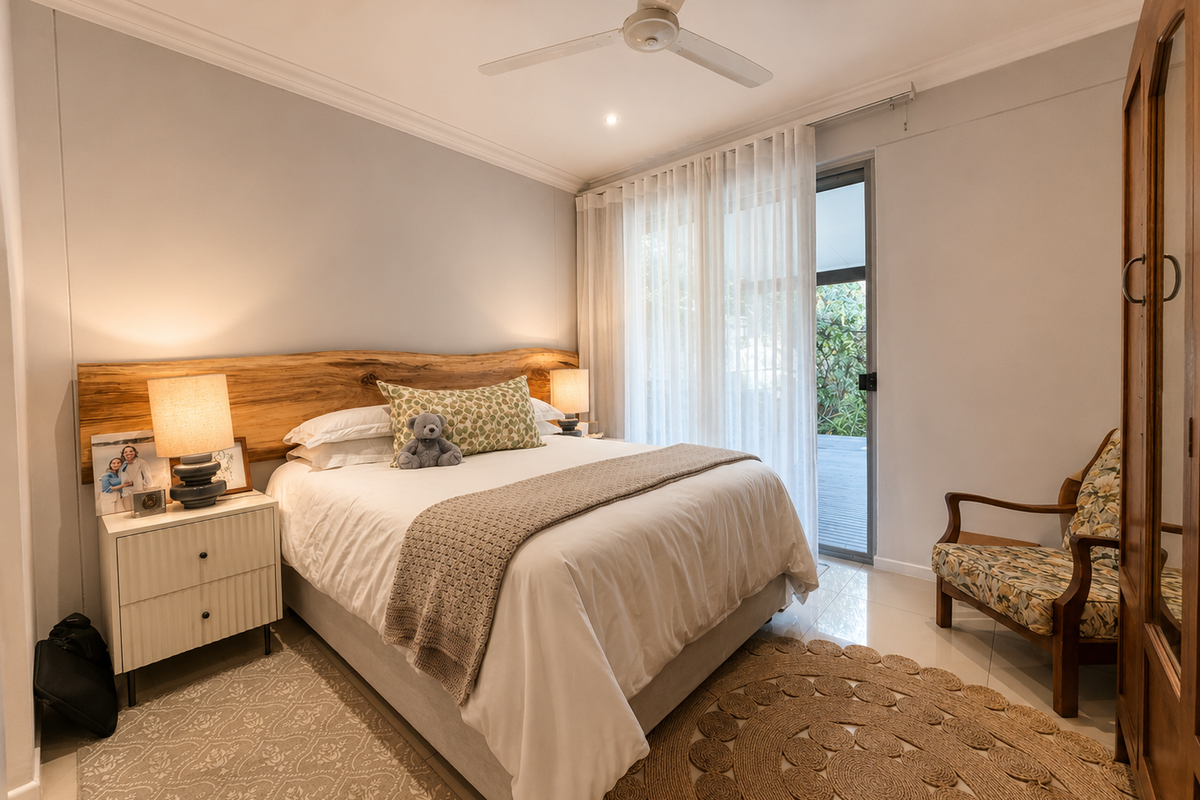 A well-maintained bedroom featuring tiled flooring, a ceiling fan, and direct access to an outdoor area through a sliding glass door.