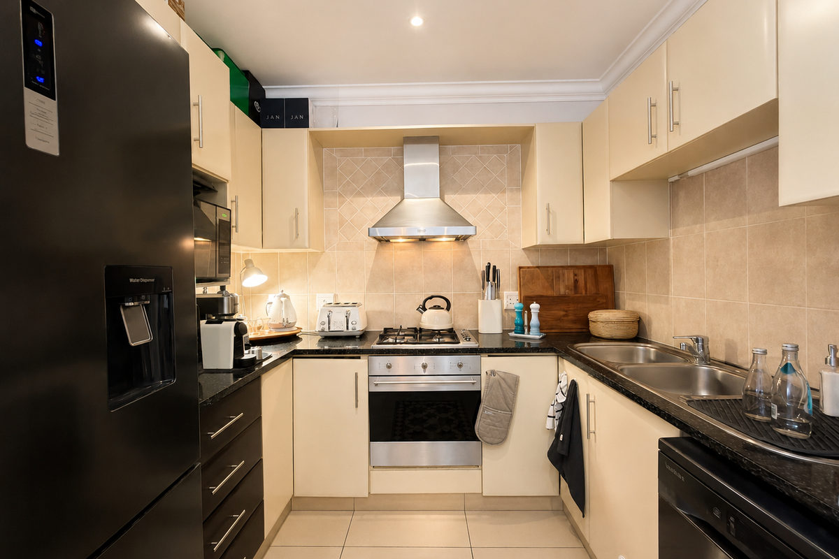 A well-maintained kitchen featuring cream cabinetry, granite countertops, a stainless steel gas hob, oven, extractor fan, and a double bowl sink.