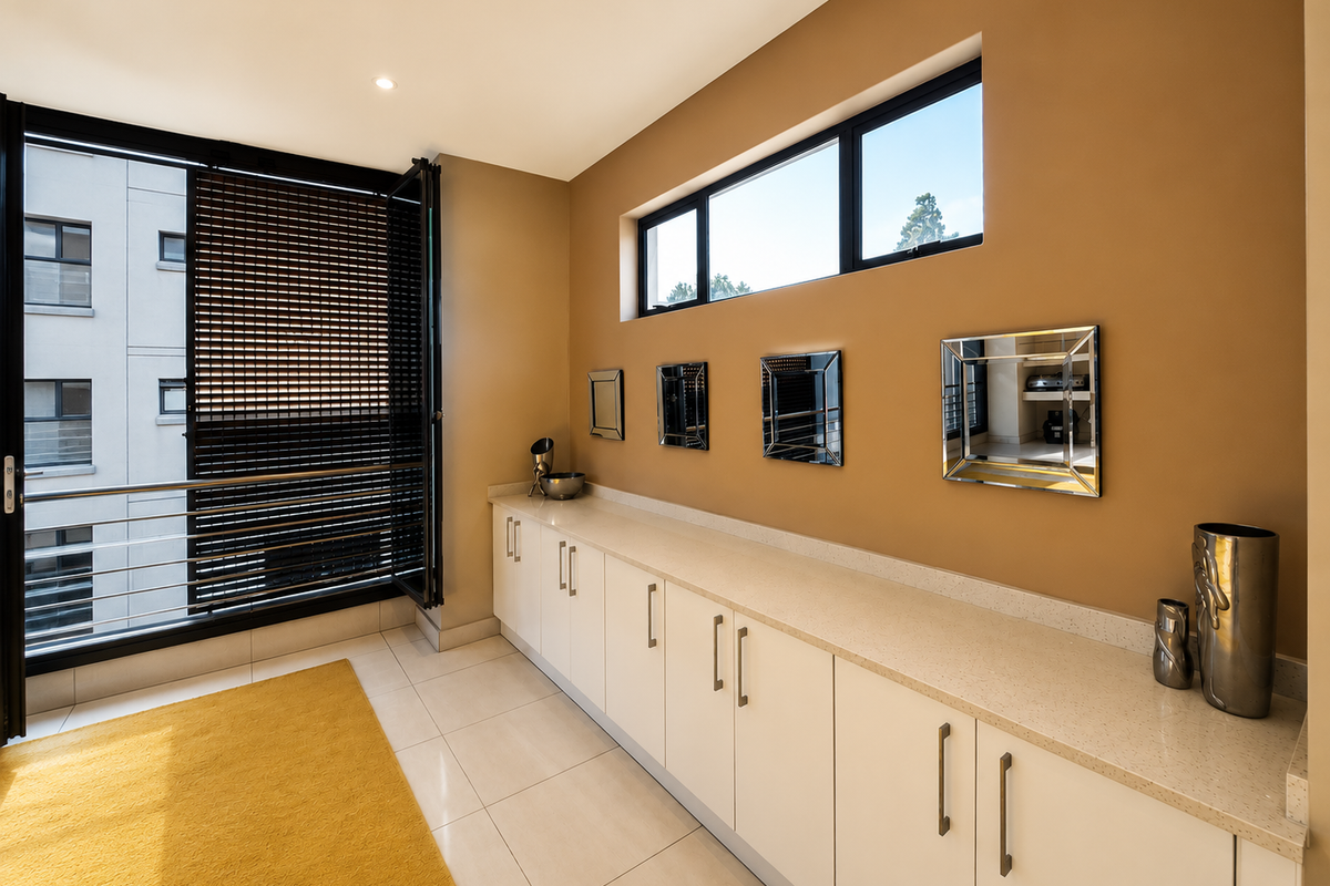 A bright living area featuring extensive built-in cabinetry with stone countertops, large bi-fold doors opening to a balcony, and modern tiled flooring.