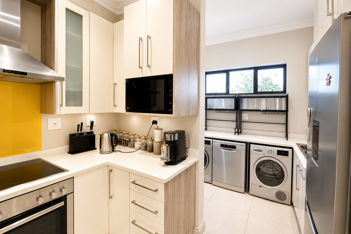 Modern kitchen featuring sleek cabinetry, stone countertops, integrated appliances, and a dedicated laundry area with tiled flooring and recessed lighting.