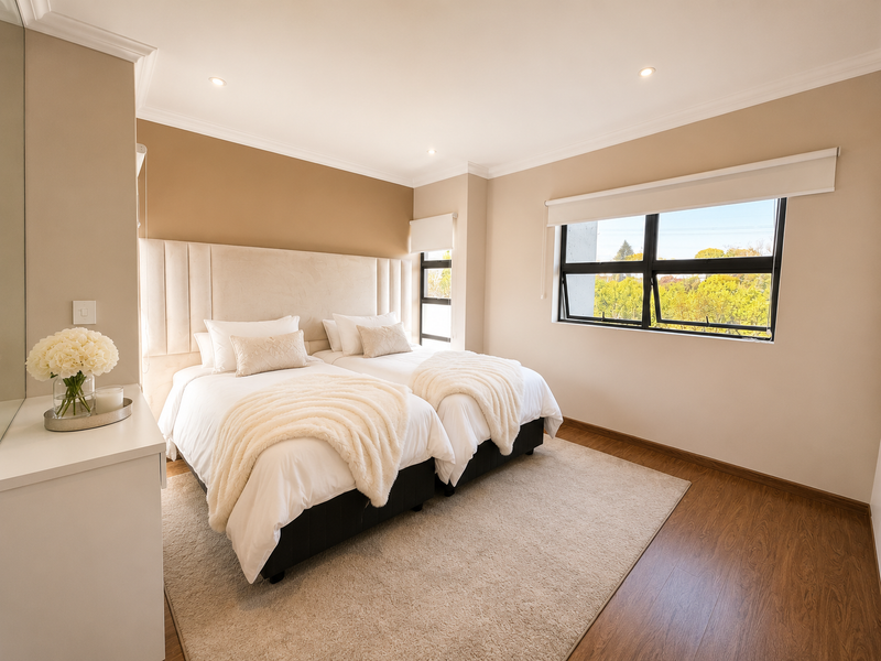 A well-maintained bedroom featuring laminate flooring, recessed lighting, and a large window with roller blinds, offering a bright and comfortable living space.