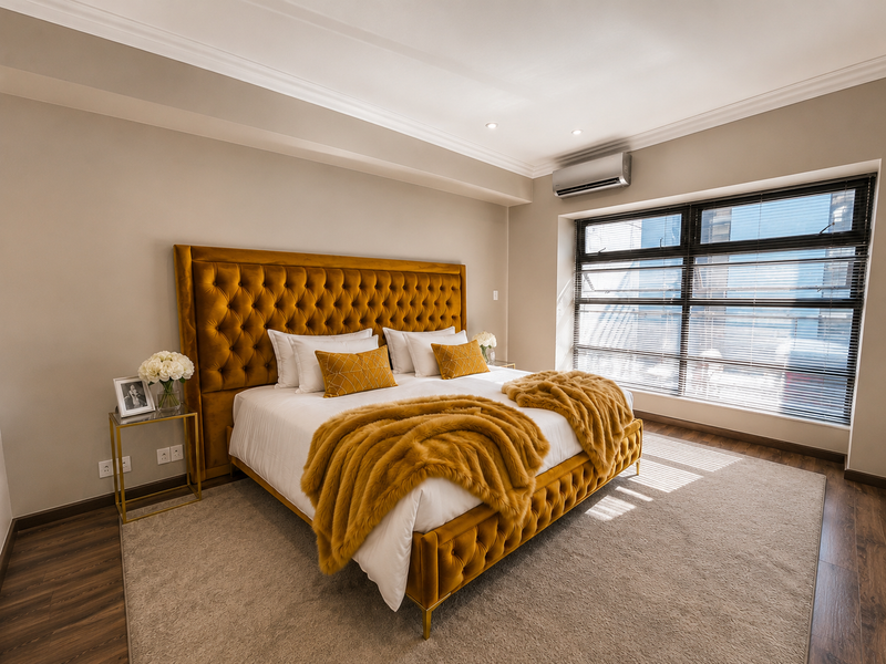 A well-appointed bedroom featuring timber laminate flooring, recessed lighting, and a split-system air conditioner, with large windows providing ample natural light.