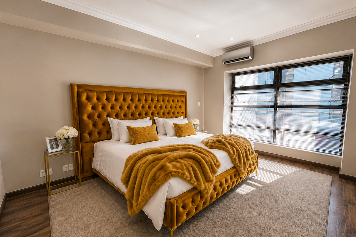 A well-appointed bedroom featuring timber laminate flooring, recessed lighting, and a split-system air conditioner, with large windows providing ample natural light.