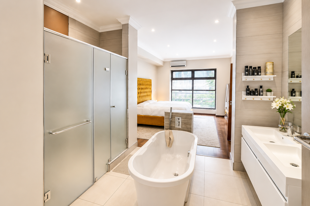Modern open-plan bathroom featuring a sleek freestanding bathtub, double vanity, and a frosted glass shower enclosure, seamlessly connected to the bedroom area.