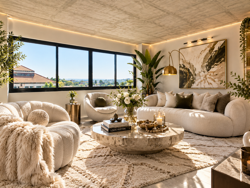 A sophisticated living room featuring an exposed concrete ceiling with ambient LED lighting, large windows, and high-quality finishes throughout.