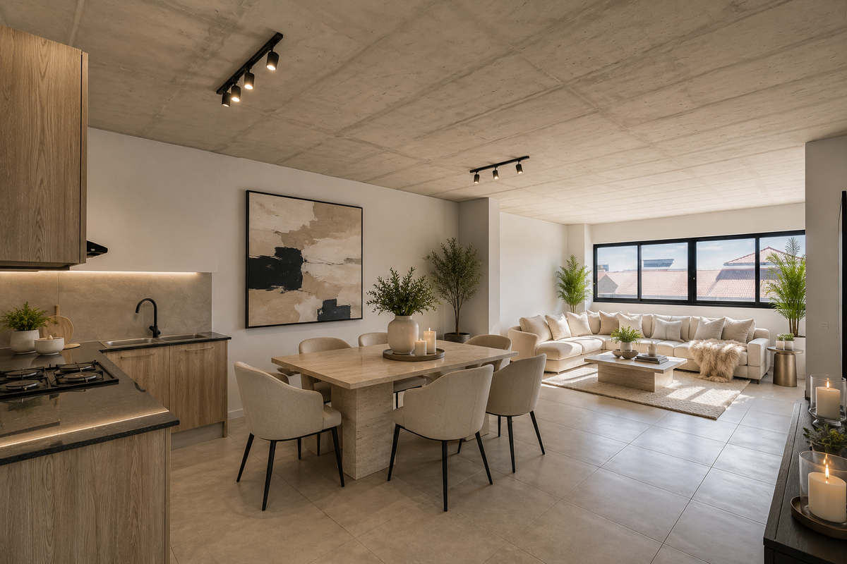 Modern open-plan living area featuring an exposed concrete ceiling, sleek kitchen with stone countertops, and large windows providing ample natural light.