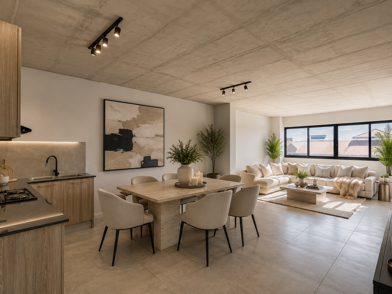 Modern open-plan living area featuring an exposed concrete ceiling, sleek kitchen with stone countertops, and large windows providing ample natural light.