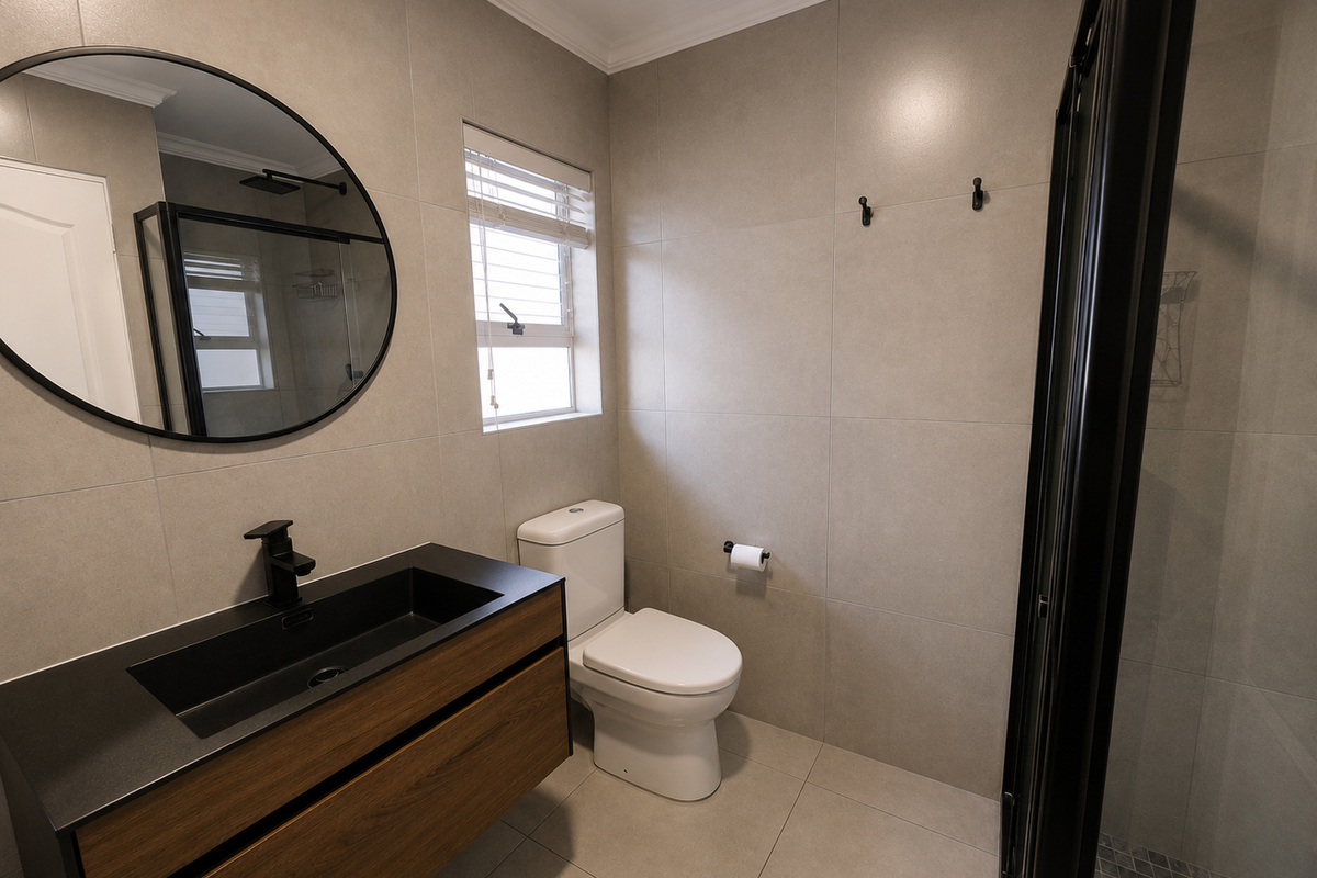 Modern bathroom featuring a sleek wall-mounted vanity with integrated basin, black fixtures, a walk-in shower with black frame, and neutral floor-to-ceiling tiling.