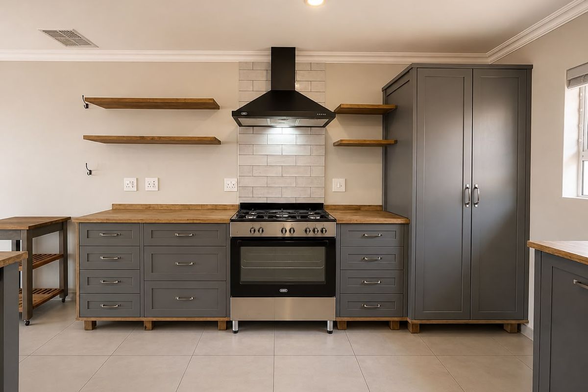 Modern kitchen featuring grey cabinetry, wooden countertops, a gas stove with extractor fan, and subway tile backsplash.