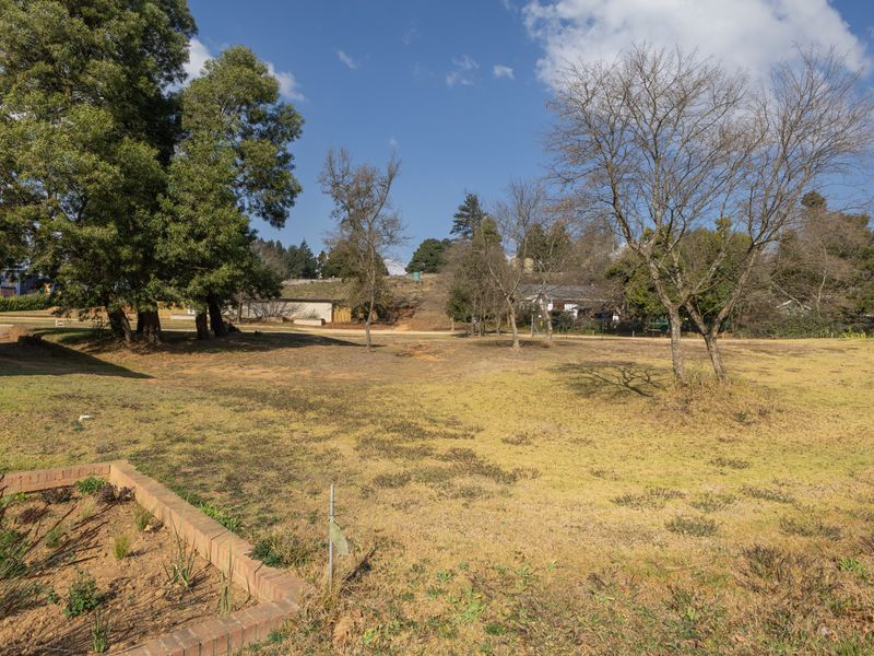 A view of a vacant residential plot featuring established trees and a low brick retaining wall border.