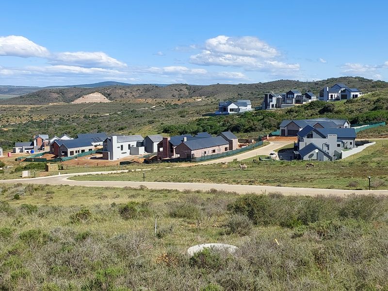 An elevated view of a residential estate featuring modern homes set within a natural landscape and paved road infrastructure.