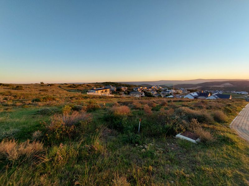 A scenic view of a residential estate landscape featuring natural vegetation, a paved walkway, and surrounding homes at sunset.